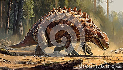 Ankylosaurus in a defensive posture, showcasing its armored body and club-like tail Stock Photo