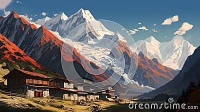 Annapurna Iii: A Graphic Novel-inspired Mountain Village Wallpaper Stock Photo