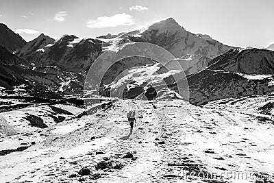 Annapurna, Nepal - November 16, 2015: Hiker goes to the pass Thorong La Pass, Annapurna Trek, Himalayas Editorial Stock Photo