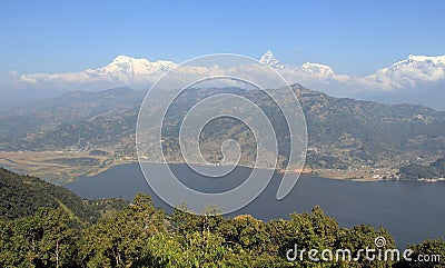 Annapurna range and Phewa Lake Stock Photo