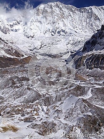 Annapurna South and base camp and glacier - Nepal Stock Photo