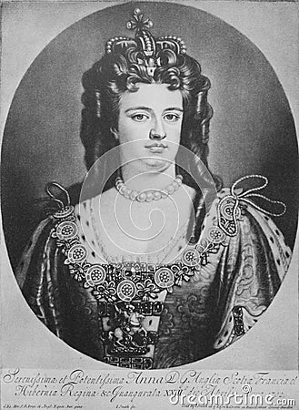 Anne, Queen of Great Britain was Queen of England, Scotland and Ireland in the old book the The Portrait gallery, by A.S.Suvorina Editorial Stock Photo