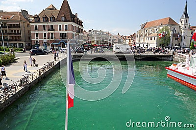 Annecy, France. Views of the crowded town and bridges. Editorial Stock Photo