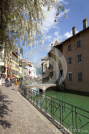 Annecy, France. Views of the crowded town and bridges. Editorial Stock Photo