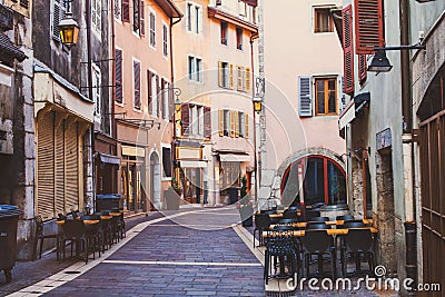 Annecy old town, street cafe and historical buildings in France Editorial Stock Photo