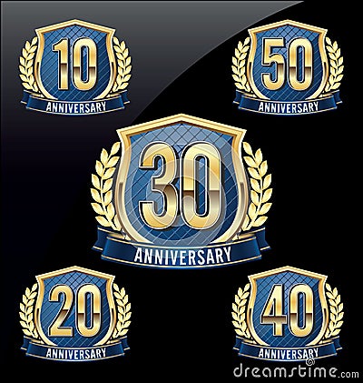 Anniversary Badge Gold and Blue 10th, 20th, 30th, 40th, 50th Years Vector Illustration