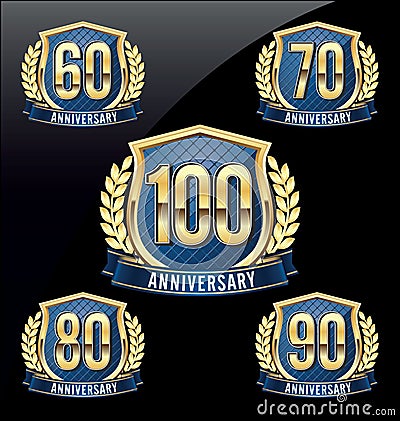 Anniversary Badge Gold and Blue 60th, 70th, 80th, 90th, 100th Years Vector Illustration