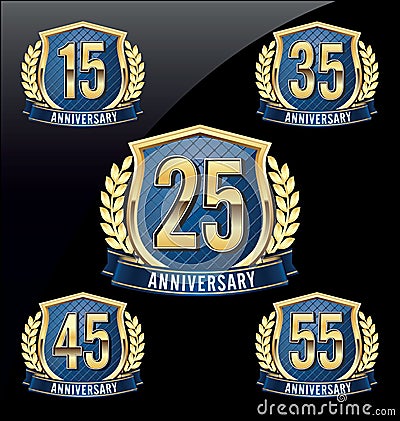 Anniversary Badge Gold and Blue 15th, 25th, 35th, 45th, 55th Years Vector Illustration