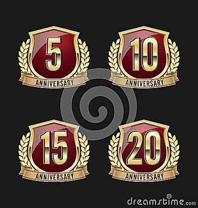 Anniversary Badge Gold and Red 5th, 10th, 15th, 20th Years Vector Illustration