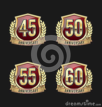 Anniversary Badge Gold and Red 45th, 50th, 55th, 60th Years Vector Illustration