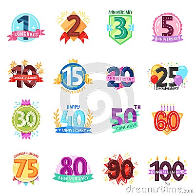 Anniversary badges vector birthday cartoon numbers emblems holiday anniversarily festive celebration birth age letter Vector Illustration