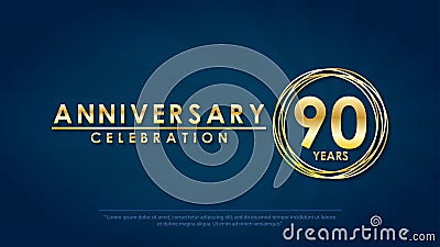 Anniversary celebration emblem 90th years. anniversary logo with ring and elegance golden on dark blue background, vector Cartoon Illustration