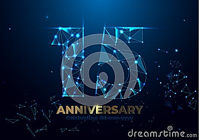 Anniversary 15. Geometric polygonal Poster template for Celebrating anniversary event party. fireworks background. Low polygon Vector Illustration
