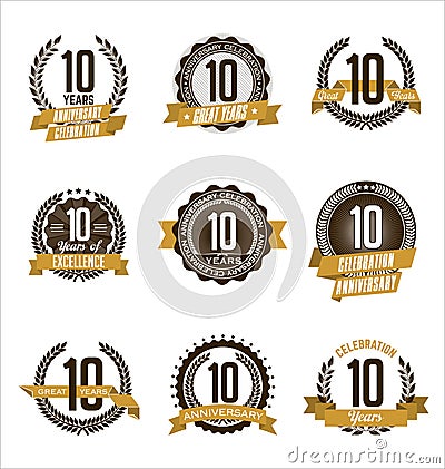 Anniversary Gold Badges 10th Years Celebrating Vector Illustration