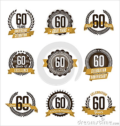 Anniversary Gold Badges 60th Years Celebrating Vector Illustration