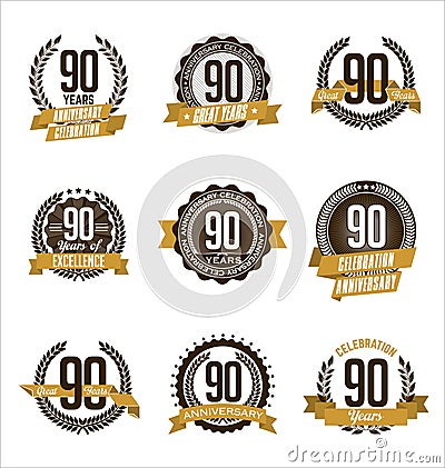 Anniversary Gold Badges 90th Years Celebrating Vector Illustration