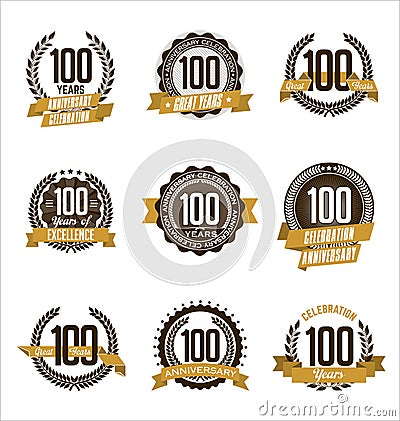 Anniversary Gold Badges 100th Years Celebrating Vector Illustration