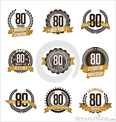 Anniversary Gold Badges 80th Years Celebrating Vector Illustration