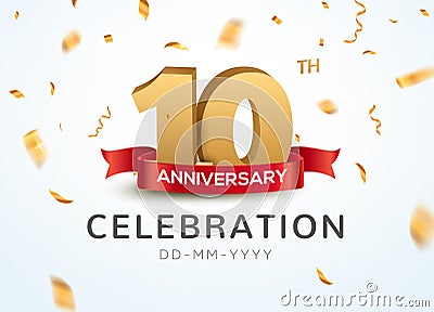 10 Anniversary gold numbers with golden confetti. Celebration 10th anniversary event party template Vector Illustration