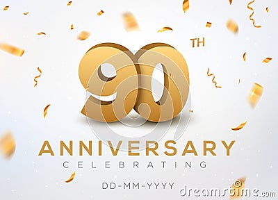 90 Anniversary gold numbers with golden confetti. Celebration 90th anniversary event party template Vector Illustration