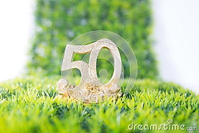 50 anniversary with golden 3d numbers on green grass with white background Stock Photo