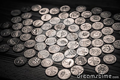 Anniversary lat coins of an old Latvian currency - monochrome vi Stock Photo