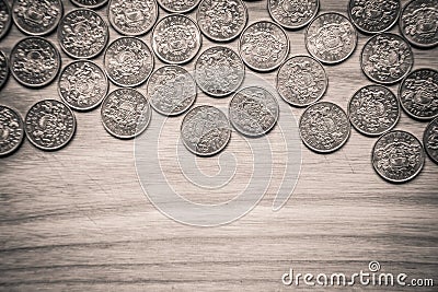 Anniversary lat coins of an old Latvian currency - monochrome vi Stock Photo