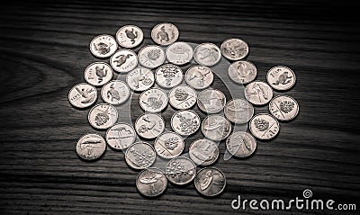 Anniversary lat coins of an old Latvian currency - monochrome vi Stock Photo