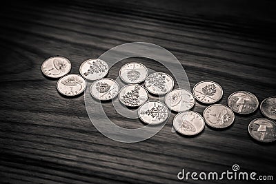 Anniversary lat coins of an old Latvian currency - monochrome vi Stock Photo