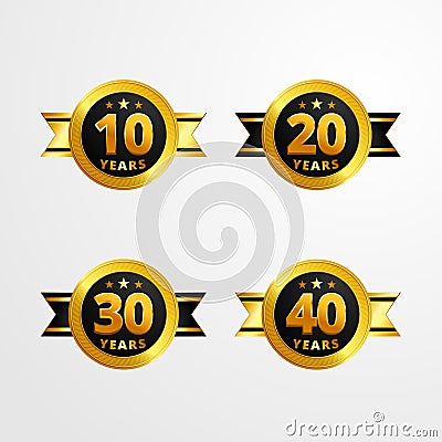 Anniversary logo badge with ribbon vector design. Set of shiny gold black medal button with numbers for birthday celebration Stock Photo