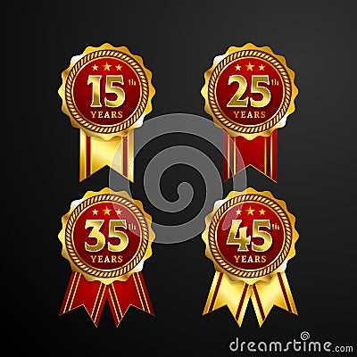 Anniversary logo badge with ribbon vector design. Set of shiny gold red medal button with numbers for birthday celebration Vector Illustration