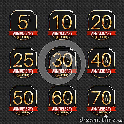 Anniversary logo`s collection. 5th, 10th, 20th, 25th, 30th, 40th, 50th, 60th, 70th year celebration gold logotypes. Cartoon Illustration