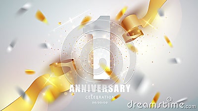 Anniversary premium emblem with golden confetti. Celebration 1th anniversary event party template. Vector Illustration