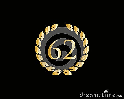 62 Anniversary Ring Logo Template. 62 Years Anniversary Logo With Golden Ring Isolated On Black Background, For Birthday, Vector Illustration