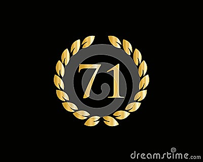 71 Anniversary Ring Logo Template. 71 Years Anniversary Logo With Golden Ring Isolated On Black Background, For Birthday, Vector Illustration