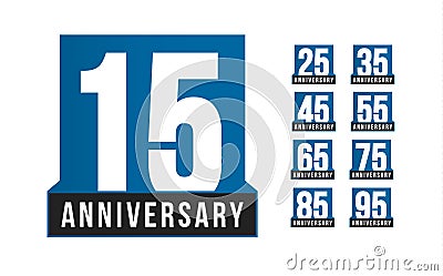 Anniversary vector icons set. Birthday logo template. Greeting card desig element. Simple business decade emblem. Blue Vector Illustration