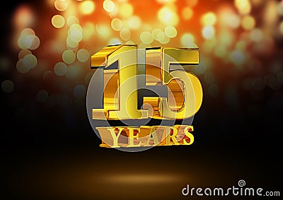 Anniversary 15 years gold 3D isolated on an elegant bokeh background Stock Photo