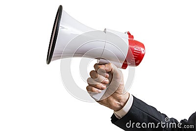 Announcement concept. Hand holds megaphone. Isolated on white background Stock Photo