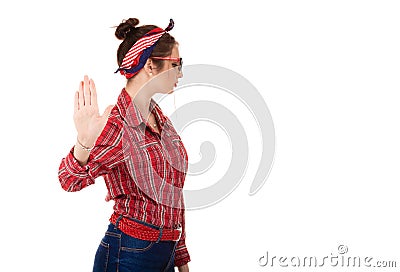 Annoyed angry woman giving talk to hand gesture with palm outward Stock Photo