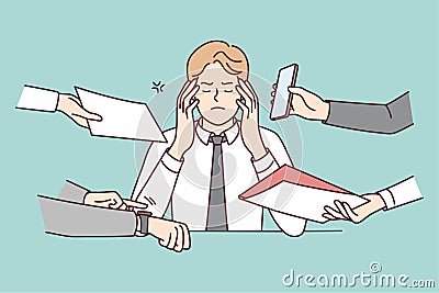 Annoyed businessman overwhelmed workload Vector Illustration