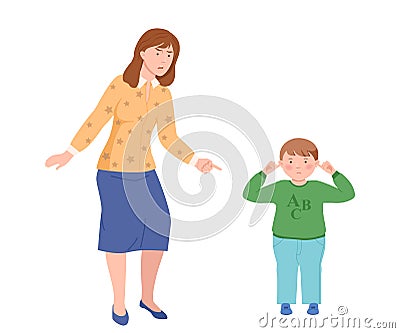 Annoyed Dad Scolding Her Son Closing His Ears Vector Illustration Vector Illustration