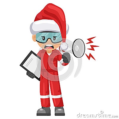 Annoyed industrial mechanic worker with Santa Claus hat with notepad for project evaluation with thumb up. Supervisor engineer. Vector Illustration