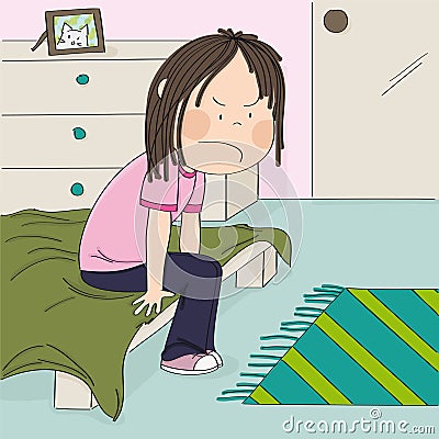 Annoyed and unhappy teenage girl sitting on the bed in her children`s room, thinking about the injustice of her adolescent life. Vector Illustration