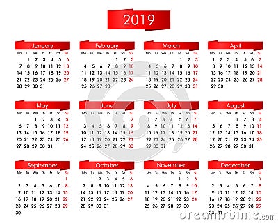 annual calendar for 2019 with bright red graphics on a white background Vector Illustration