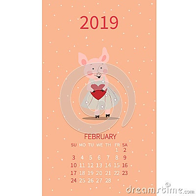 Annual calendar with pigs. Monthly illustration. Piglet with heart February. Valentine`s Day. Vector poster, cute flyer, wall Cartoon Illustration