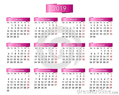 Annual calendar for 2019 year with the pink Vector Illustration