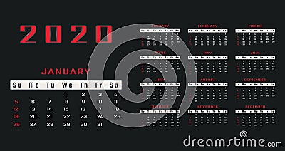 Annual calendar 2020 year vector template design on black background with red text. Basic grid layout. Week starts on Sunday. Busi Stock Photo