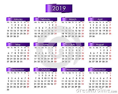 Annual calendar for 2019 year with the violet, purple Vector Illustration