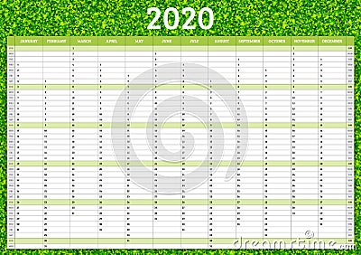 2020 annual calendar. Yearly planner template. Vector illustration Vector Illustration