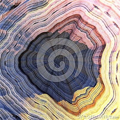 Annual rings concentric to the center of a felled tree with unreal colors disappearing in a hole, 3D graphics. 3d fractal graphic Stock Photo